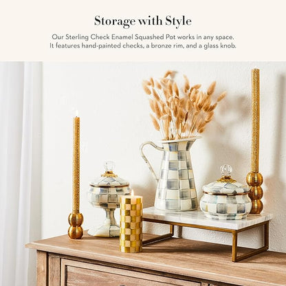 MACKENZIE-CHILDS Enamel Squashed Pot, Cute Enameled Container with Lid, 20 Ounces, Gray-and-White Sterling Check