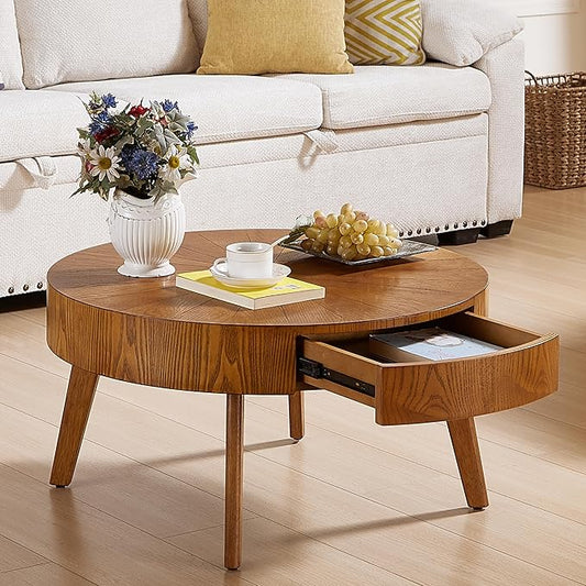 Round Wood Coffee Table for Living Room, Modern Farmhouse Table with Drawer, Wooden Circle Coffee Table, 29.14" L x 29.14" W x 15.87" H