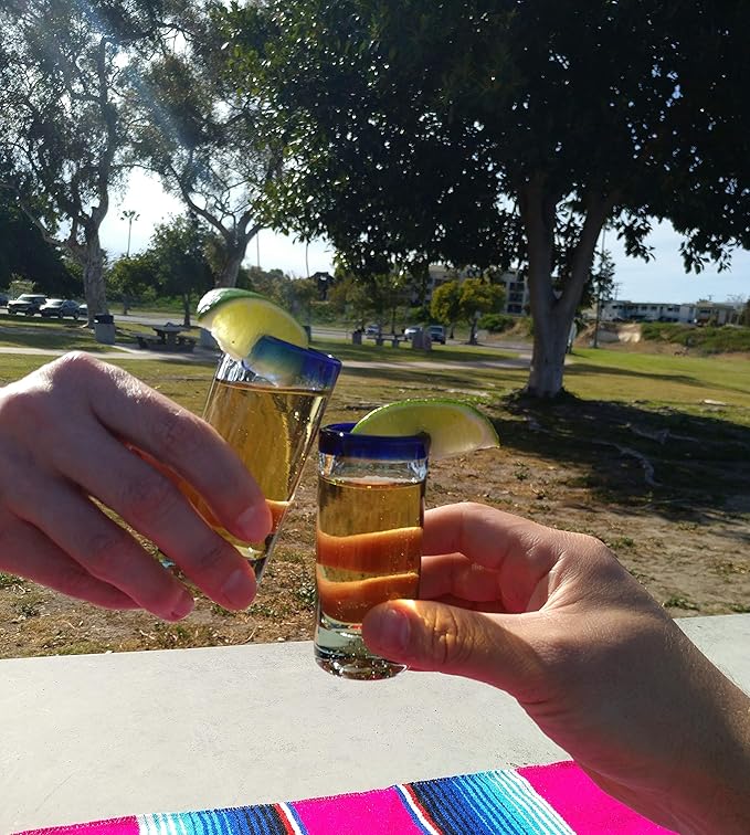 Hand Blown Mexican Tequila Shot Glasses – Set of 6 Cobalt Blue Rim Tequila Shot Glasses (2 oz each)