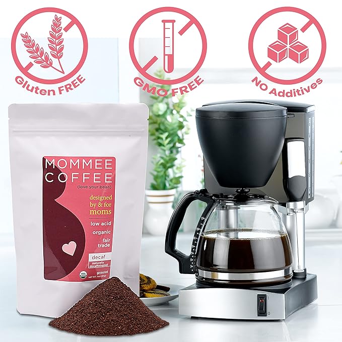 Mommee Coffee Decaf Ground Low Acid Coffee - 100% Arabica Organic Decaf Coffee Beans with Smooth Caramel Flavor - Medium Grind for Drip, Reusable One Cup Filters - 11 oz