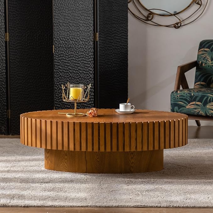 39.37 Inch Round Drum Coffee Table, Modern Handcraft Fluted Drum Coffee Table, Wooden Round Coffee Table Center Table with Sturdy Pedestal for Living Room Apartment (Wood Color)