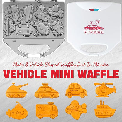 Car Waffle Maker for Kids, Halloween & Christmas Mini Waffle Maker, 8 Fun Vehicle Shaped Mini Pancake Maker, Non Stick Surface, Excellent Gift, White