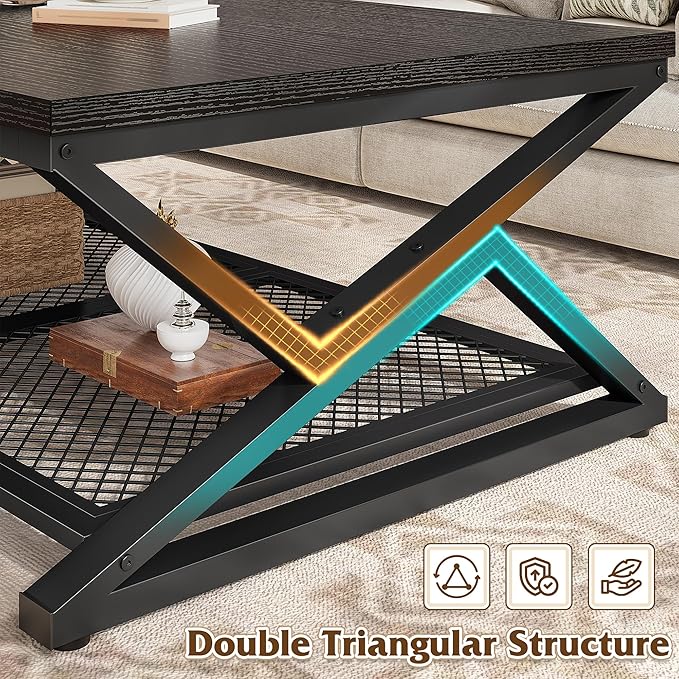 EnHomee Coffee Table with Storage, Modern Coffee Tables for Living Room with Mesh Shelf, 2 Tier Rectangular Center Table for Living Room, Bedroom, 47.2 Inch, Black Oak