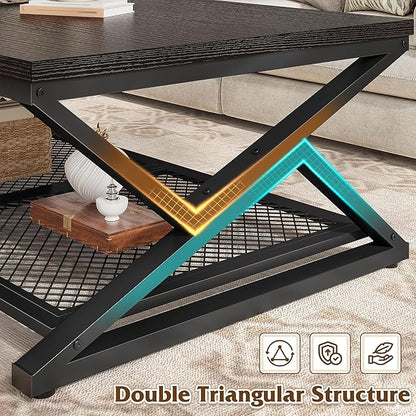 EnHomee Coffee Table with Storage, Modern Coffee Tables for Living Room with Mesh Shelf, 2 Tier Rectangular Center Table for Living Room, Bedroom, 47.2 Inch, Black Oak