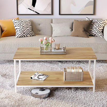 SAYGOER Coffee Table with Storage 2-Tier Industrial Center Table for Living Room, Rectangle Wood Table for Small Spaces Apartment Home Office, Oak White