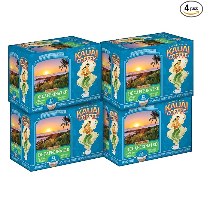 Kauai Coffee Decaf Medium Roast - - Compatible with Keurig Pods K-Cup Brewers (4 Packs of 12 Single-Serve Cups)