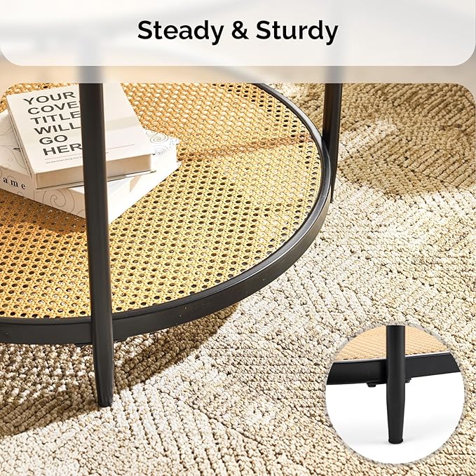 VINGLI 30" Round Coffee Table with Rattan Shelf, Glass Coffee Tables for Home Decor, Modern Coffe Table with 2-Tier Storage, Circle Center Table for Living Room, Office, Small Space, Black