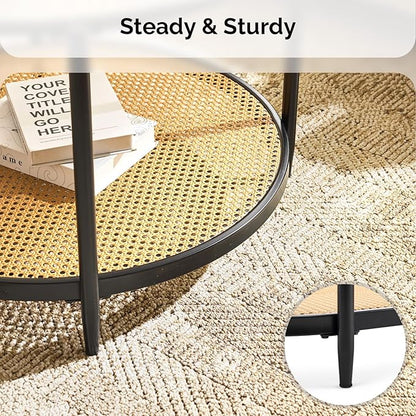 VINGLI 30" Round Coffee Table with Rattan Shelf, Glass Coffee Tables for Home Decor, Modern Coffe Table with 2-Tier Storage, Circle Center Table for Living Room, Office, Small Space, Black