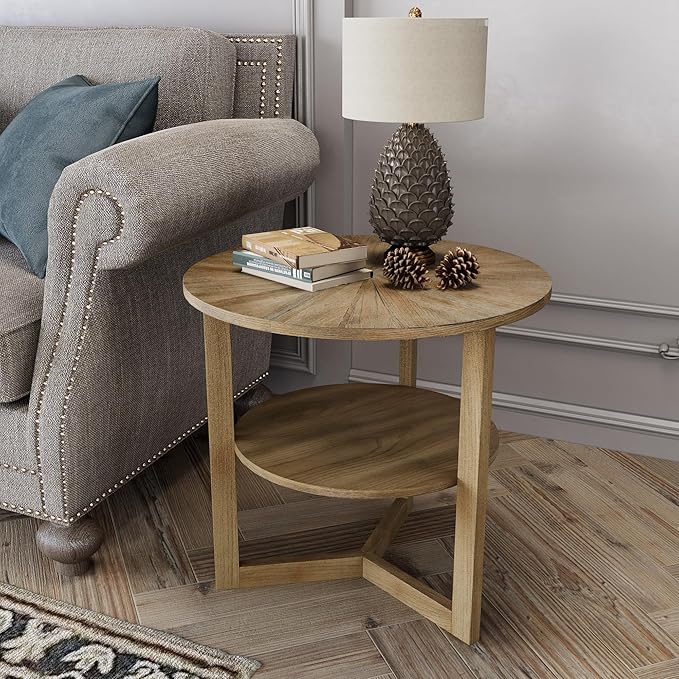 PADMA HOUSE 25" Round Wood End Table, 2-Tier Solid Wood Rounded Accent Side Table Circle Nightstand Table with Storage Shelf Vintage Furniture for Home Living Room Bedroom,Rustic Natural 3338