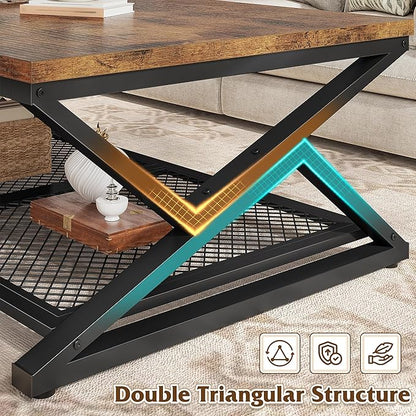 EnHomee Coffee Table with Storage, Modern Coffee Tables for Living Room with Mesh Shelf, 2 Tier Rectangular Center Table for Living Room, Bedroom, 47.2 Inch, Rustic Brown