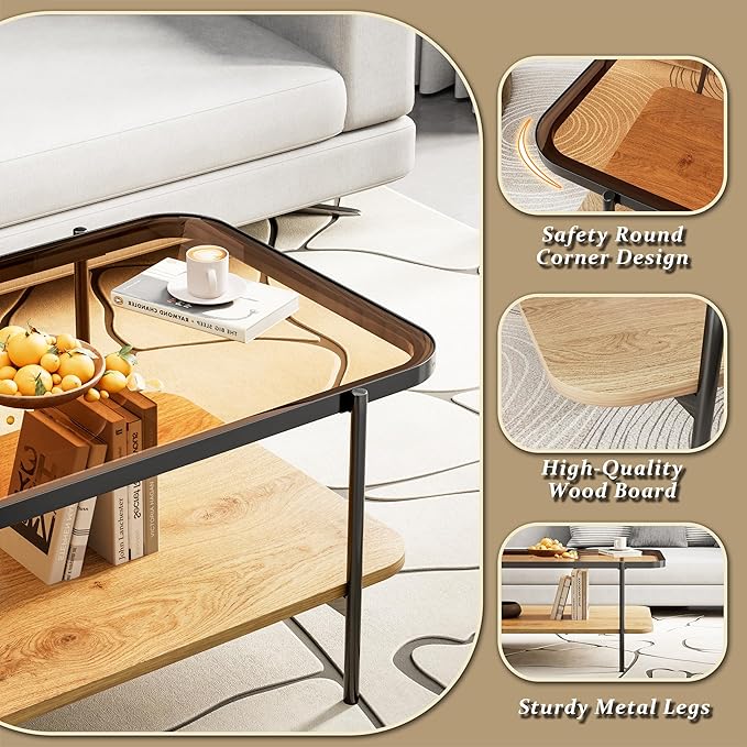 Brown Glass Coffee Table, Modern 2-Tier Coffee Table with Metal Leg, Accent Table with Wood Open Storage, Living Room Rectangular Center Table with Rounded Corners, Side Table for Home Office (Brown)