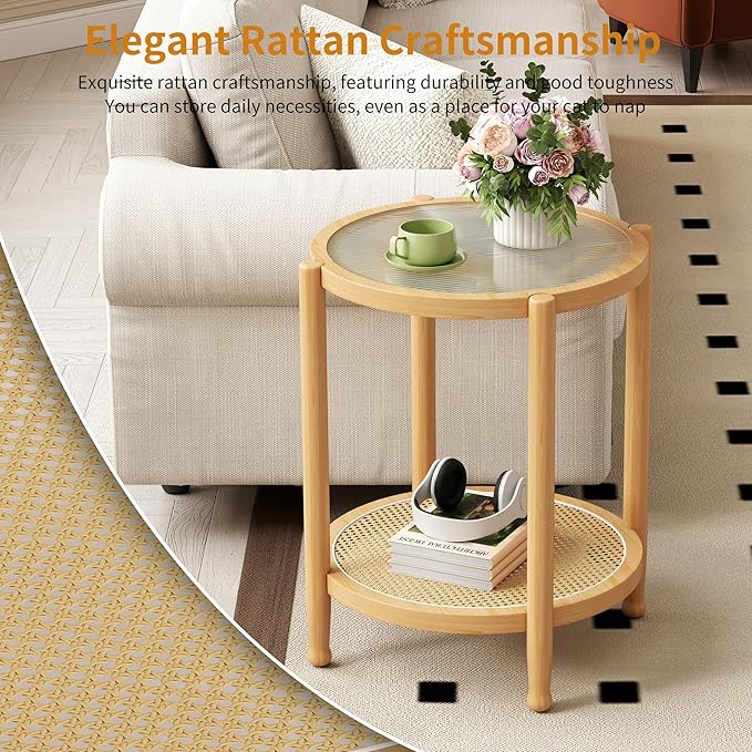 Rattan Round Side Table, 24" Boho Rustic Circle End Table Sofa Table with Storage and Solid Wood Farmhouse Frame for Living Room, Balcony, Bedroom (Natural, 23.6" D x 23.6" W x 19.7" H)
