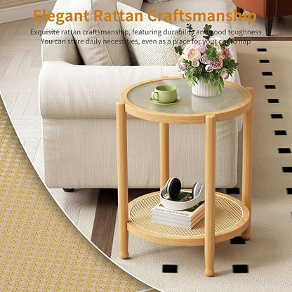 Rattan Round Side Table, 24" Boho Rustic Circle End Table Sofa Table with Storage and Solid Wood Farmhouse Frame for Living Room, Balcony, Bedroom (Natural, 23.6" D x 23.6" W x 19.7" H)