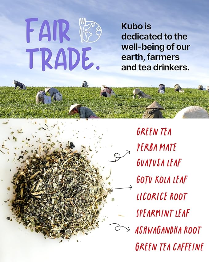 High Caffeine Tea (140 mg) - Kubo Tea: Organic Energize Yerba Mate Green Tea Bags for Clean Energy & Focus | Healthy Coffee Substitute | Ashwagandha Root Blend | 20 Ct | Compostable Packaging