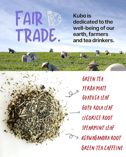 High Caffeine Tea (140 mg) - Kubo Tea: Organic Energize Yerba Mate Green Tea Bags for Clean Energy & Focus | Healthy Coffee Substitute | Ashwagandha Root Blend | 20 Ct | Compostable Packaging