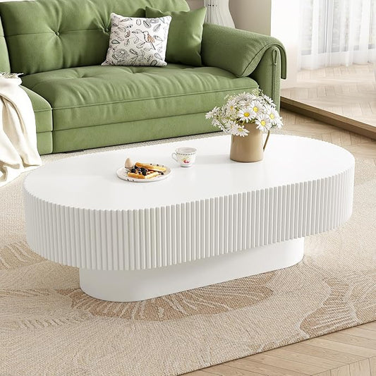 43.3 Inch Oval Drum Coffee Table, Modern Handcraft Fluted Drum Coffee Table, Wooden Oval Center Table Cocktail Table with Stable Pedestal for Living Room Apartment (White)