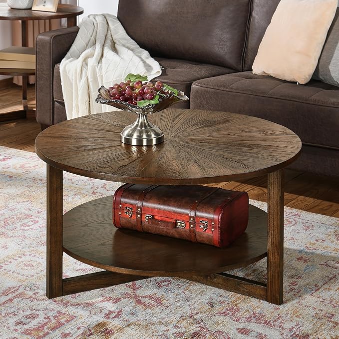 PADMA HOUSE 33.5" Round Wood Coffee Table, 2-Tier Solid Wood Rounded Circle Accent Coffee Table Center Cocktail Table Vintage Furniture for Home Living Room Bedroom,Espresso Brown 3338NC