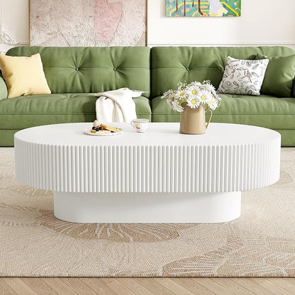 43.3 Inch Oval Drum Coffee Table, Modern Handcraft Fluted Drum Coffee Table, Wooden Oval Center Table Cocktail Table with Stable Pedestal for Living Room Apartment (White)