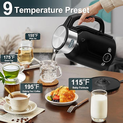 DEZIN Electric Kettle Temperature Control, 1.7L Stainless Steel Electric Tea Kettle with LED Display, 1200W Rapid Boil, 12H Keep Warm, 9 Presets Modes Hot Water Boiler Heater for Tea, Coffee, Black