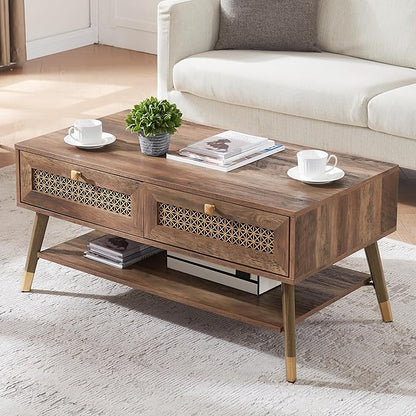 Mid Century Modern Coffee Table with Storage Drawers & Open Shelf, Solid Wooden Boho Rectangle Table with Metal Legs Designed for Living Room, Office, Lounge. Rustic Oak Color with Golden Decor