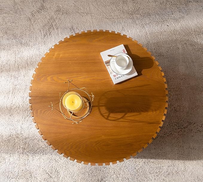 39.37 Inch Round Drum Coffee Table, Modern Handcraft Fluted Drum Coffee Table, Wooden Round Coffee Table Center Table with Sturdy Pedestal for Living Room Apartment (Wood Color)