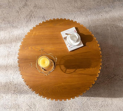 39.37 Inch Round Drum Coffee Table, Modern Handcraft Fluted Drum Coffee Table, Wooden Round Coffee Table Center Table with Sturdy Pedestal for Living Room Apartment (Wood Color)