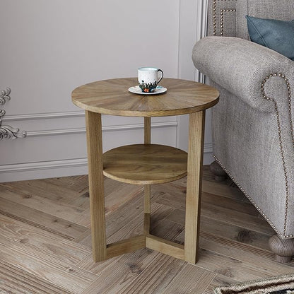 PADMA HOUSE 19.3" Round Wood End Table, 2-Tier Solid Wood Rounded Accent Side Table Circle Nightstand Table with Storage Shelf Vintage Furniture for Home Living Room Bedroom,Rustic Natural 3338