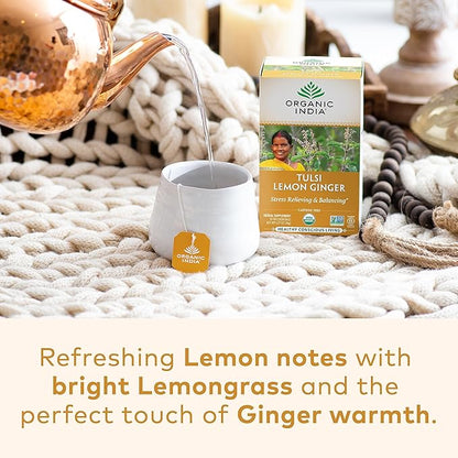 ORGANIC INDIA Tulsi Lemon Ginger Tea Bags - Herbal Tea, Stress Relieving & Reviving, Immune Support, Aids Digestion, Vegan, USDA Certified Organic, Non-GMO, Caffeine-Free - 18 Infusion Bags, 3 Pack
