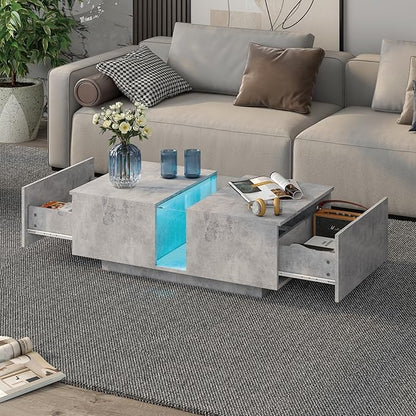Grey Led Coffee Table for Living Room, Rectangular Living Room Table with Storage, Acrylic Coffee Tables with 2 Sliding Drawers, Wood Center Table for Reception Dinning Room