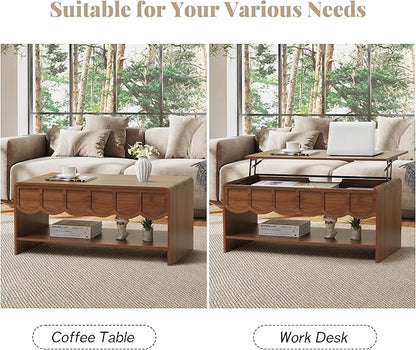 Lift Top Coffee Table with Hidden Compartment, 2 Tier Wooden Center Table with Wave Panel, Modern Lift Tabletop for Home Living Room Office, Walnut