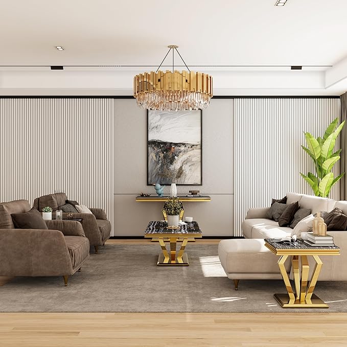 Living Room Table Set - 3 Piece Coffee Table With 2 End Tables, Black and Gold for Home Apartment Office