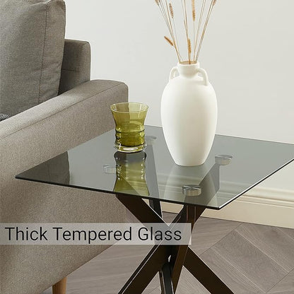 Modern Style Square Side Table with Grey Tempered Glass Top and Black Metal Tubular Legs with Gold Rim 20”Dx20”Wx22”H