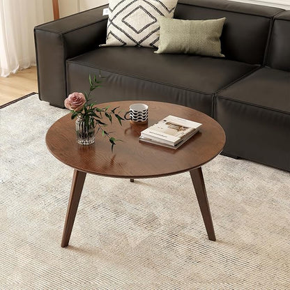 100% Solid Oak Wood Mini Coffee Table, Round Side Table w/Solid Wood Legs, Walnut Mid Century Coffee Table w/Sturdy Frame for Bedroom Balcony Living Room (29.53" D x 17.72" H)