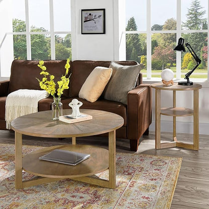 PADMA HOUSE 33.5" Round Wood Coffee Table, 2-Tier Solid Wood Rounded Circle Accent Coffee Table Center Cocktail Table Vintage Furniture for Home Living Room Bedroom,Yellowish Brown 3338