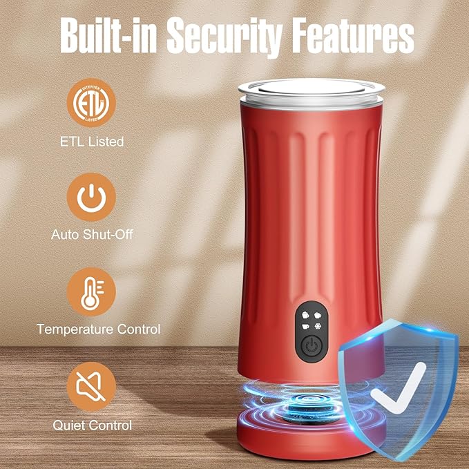Milk Frother, 4-in-1 Electric Milk Frother and Steamer, Automatic Hot and Cold Foam Maker and Milk Warmer for Coffee, Latte, Cappuccino, Macchiato, Hot Chocolate(Cardinal Red)