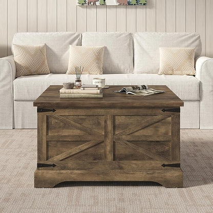 Furnideco 35.5''W Square Coffee Table Farmhouse Lift top Coffee Table with Large Hidden Storage, Wood Center Table for Living Room, Home Office, Brown