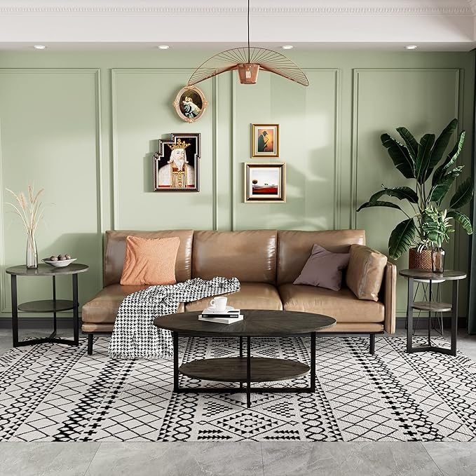 Solid Wood Oval Coffee Table with Cross Metal Legs, 43.3in Modern Industrail Center Table with Open Shelf Cocktail Tea Table for Living Room Bedroom, Rustic Black 1811BK