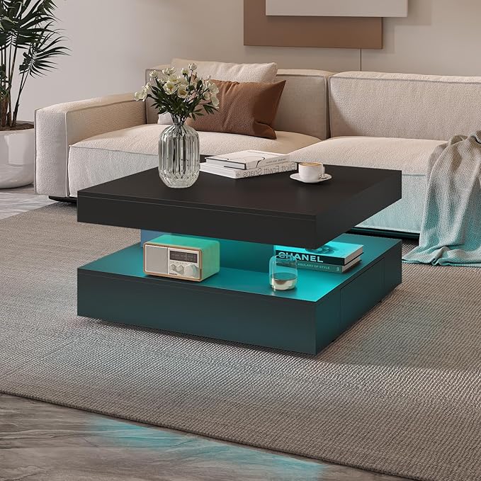 Black LED Coffee Table with 2 Storage Drawers for Living Room Square Center Middle Table Modern Cocktail Table with Light 2-Tier Tea Tables Contemporary Mid Century Wood Home Office Waiting Room