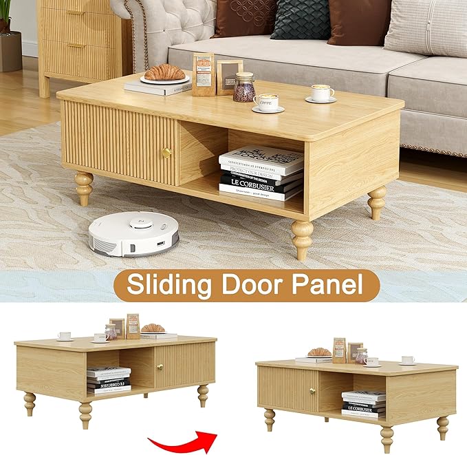 Mid-Century Modern Wooden Coffee Table with Storage, Slatted Door, Solid Wood Legs, Retro Coffee Table with Open Shelf for Home & Office & Lounge, Nature Oak