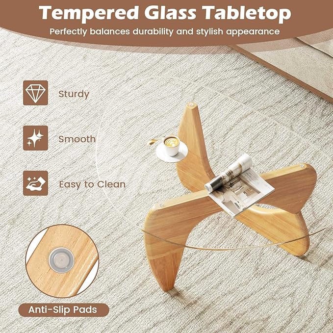 Tangkula Triangle Glass Coffee Table, Mid-Century Modern Center Table with Tempered Glass Top & Adjustable Rubber Wood Base, Small Coffee Table for Small Spaces, Living Room & Reception Room (Natural)