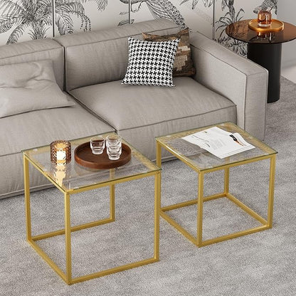 VILAWLENCE Coffee Table Set of 2, Modern Gold Glass Side Table, Metal Frame Square End Table, Center Tables Nesting Coffee Table for Living Room,Bedroom and Small Spaces