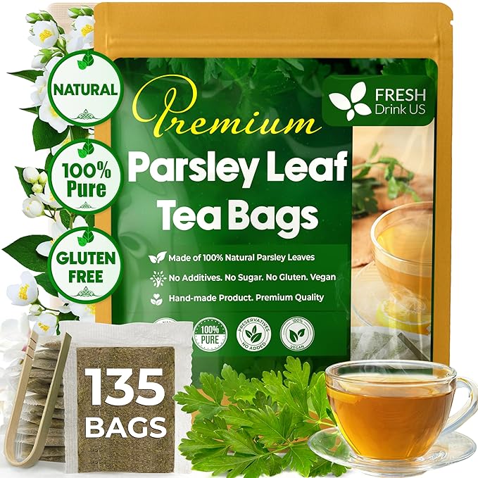 FreshDrinkUS, Premium 135 Parsley Leaf Tea Bags, 100% Natural & Pure from Parsley Leaves. Loose Leaf Parsley Herbal Tea. Made with Natural Material Tea Bags. No Sugar, No Caffeine, No Gluten, Vegan.
