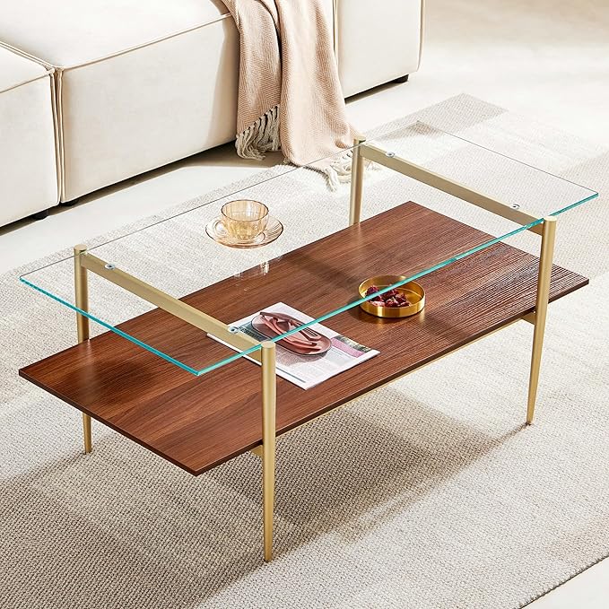 AGV LIGHTING Tadio Glass Coffee Table, Mid-Century Modern Coffee Table for Living Room, Gold Finish Leg, Clear Glass Top & Walnut Brown Wood Shelf, 41 in Length