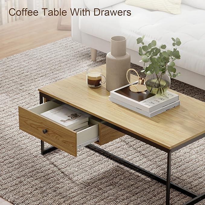 Manora Minimalist Coffee Table with Drawer, Modern Industrial Aesthetic Center Table for Living Room, Stylish Wood Modern Coffee Table with Storage, Light Brown