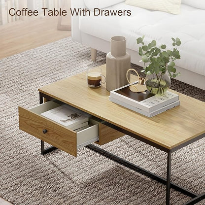 Manora Minimalist Coffee Table with Drawer, Modern Industrial Aesthetic Center Table for Living Room, Stylish Wood Modern Coffee Table with Storage, Light Brown