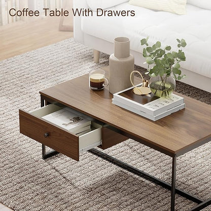 Manora Minimalist Coffee Table with Drawer, Modern Industrial Aesthetic Center Table for Living Room, Stylish Wood Modern Coffee Table with Storage, Walnut