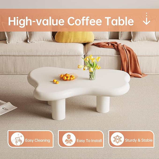 Irregular-Shaped Coffee Table, 39.37" Cream White Center Table with 3 Legs, Cartoon Indoor Tea Table for Living Room, Home Office, Easy to Assemble
