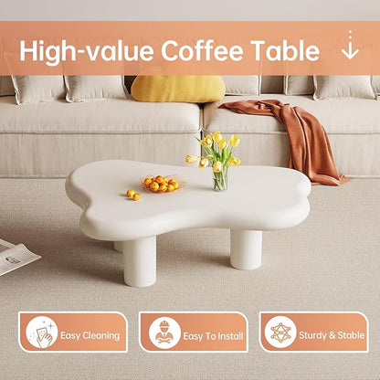 Irregular-Shaped Coffee Table, 39.37" Cream White Center Table with 3 Legs, Cartoon Indoor Tea Table for Living Room, Home Office, Easy to Assemble