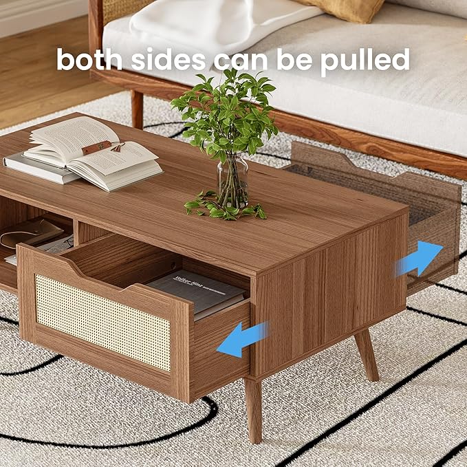Brown Rattan Coffee Table, Mid Century Modern with Drawer & Shelf, 39'' Wooden Boho Coffee Table for Living Room