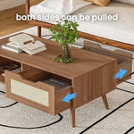Load image into Gallery viewer, Brown Rattan Coffee Table, Mid Century Modern with Drawer &amp; Shelf, 39'' Wooden Boho Coffee Table for Living Room